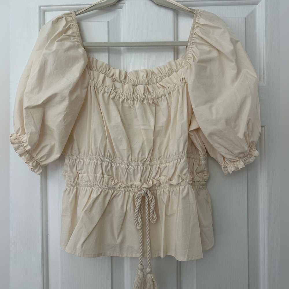 Moon River Ecru smocked waist top with tie